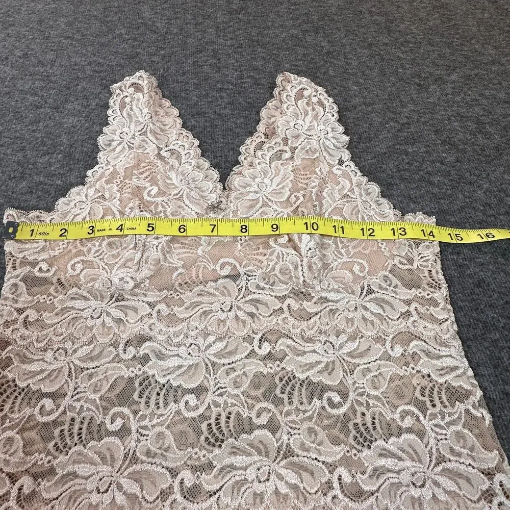 Vintage Womens XL Beige Neutral Cream Lace Semi-Sheer V Neck Tank Top Cami - Picture 3 of 9